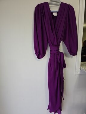 City Chic Bright Purple Wrap Midi Dress with Puff Sleeves